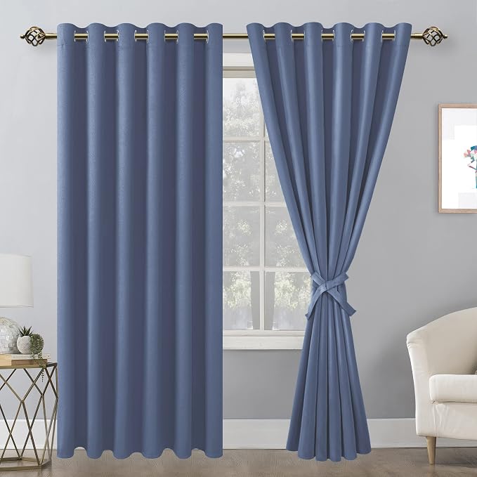 Hiasan Grommet Blackout Curtains for Bedroom, 70 x 84 Inches - Thermal Insulated & Light Blocking Window Drapes for Living Room/Dorm Room, Set of 2 Panels Sewn with Tiebacks, Blue Haze