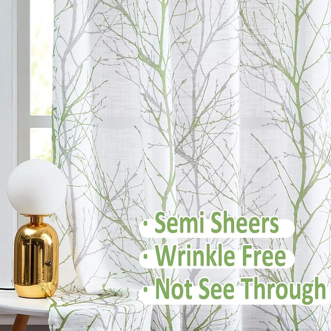 FMFUNCTEX Linen Sage Green White Semi Sheer Print Curtains 45 Inch 2 Panels | Short Sheer Branch Patterned Drapes, Light Filtering Grommet Panels for Kitchen, Bathroom, Cafe Windows and Farmhouse Curtain