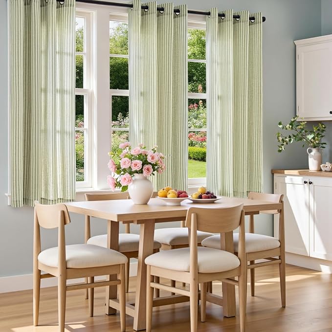Vangao Linen Striped Curtains for Living Room Bedroom Farmhouse Tickingstripe Light Filtering Window Curtains Printed Drapes Grommet Top 2 Panels Green W50 x L63 Inch
