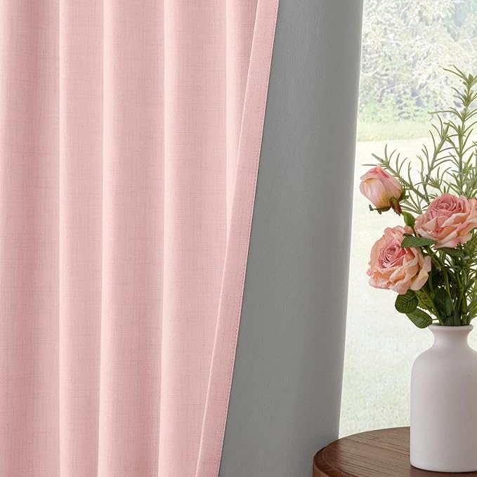 INOVADAY 100% Blackout Curtains for Bedroom, Baby Pink Black Out Curtains 90 Inch Long, Clip Rings Linen Blackout Drapes, Thermal Insulated Room Darkening for Living Room, 2 Panels - W50xL90