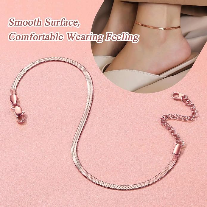 FindChic Elegant Herringbone Snake Chain Anklets/Bracelets 3MM/5MM Width Stainless Steel/18K Gold/Rose Gold Plated/Black 4 Color Options, 8.3'' 8.5'' 10.5'' Length, with Gift Box