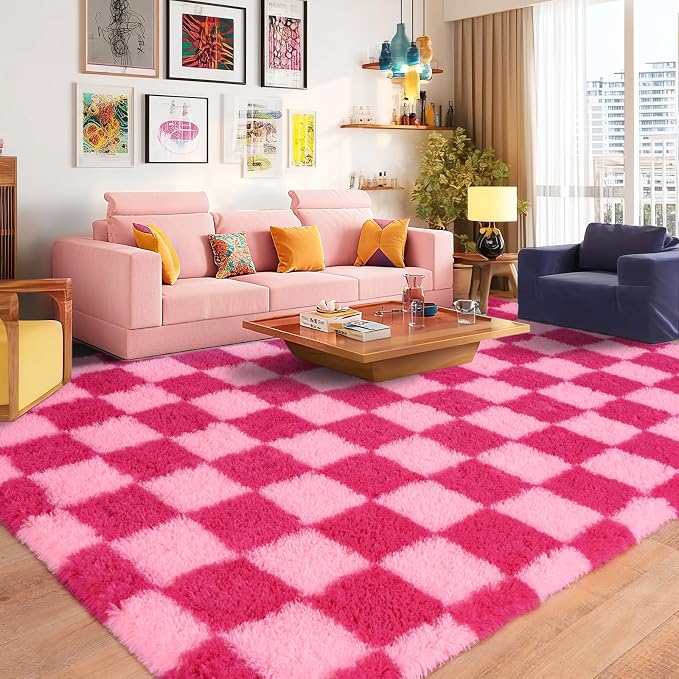 Pionblank 8x10 Area Rugs for Living Room, Fluffy Plush Checkered Rug for Bedroom, Modern Shag Non Slip Soft Furry Large Carpet for Kids Room Nursery Home Decor, Hot Pink