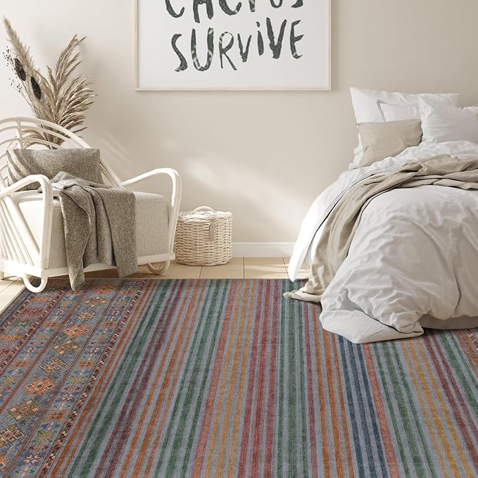 Nakagishi 5X7 Area Rugs Living Room: Washable Large Vintage Rug Neutral Non-Slip Soft Stain Resistant Indoor Carpet for Bedroom Nursery Dining Room Office Playroom - Multi Color
