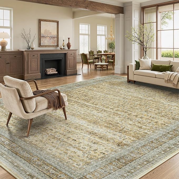 8x10 Area Rugs for Living Room Bedroom, Washable Large Rugs Non-Slip | Vintage Distressed Retro; Low Pile; Stain Resistant; Neutral Boho Carpet for Dining Room, Nursery, Home Office; Oatmeal Beige