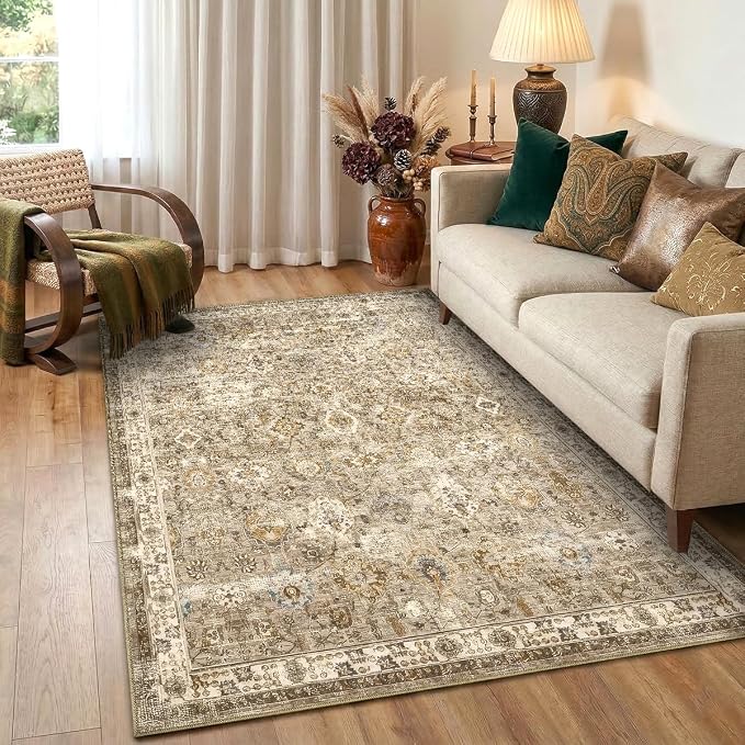 4x6 Area Rug for Living Room-Vintage Farmhouse Boho Floral Neutral Washable Stain Resistant Indoor Carpet for Bedroom Office and Home Decor(Brown&Gold)