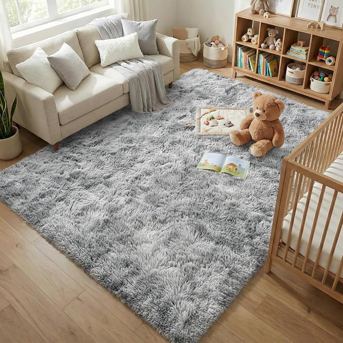 Fluffy Rugs for Living Room: Tie-dye Light Grey Soft Shag Rug for Bedroom, Large Fuzzy Plush Indoor Floor Carpet Non Slip Modern Rug for Nursery Boys Girls Kids Room Dorms Home Decor, 9x11 Feet