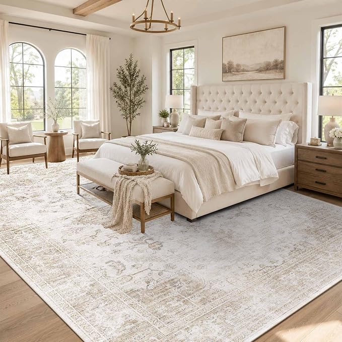 Rugxara 9x12 Extra Large Washable Area Rug, Soft Neutral Vintage Boho Rug for Living Room, Bedroom, Office, Farmhouse, Low Pile Imitation Wool Non Slip Carpet Ideal for High-Traffic Areas, Beige