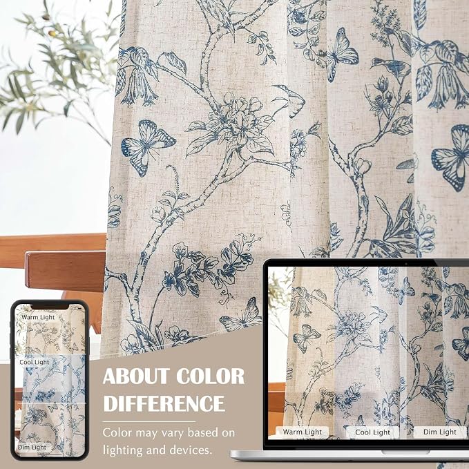 jinchan Blue Floral Linen Curtains Lined 96 Inch Vintage Back Tab 2 Panels | Privacy lining, light filtering drapes, cottagecore, french country, farmhouse, bedroom, living room, window treatment