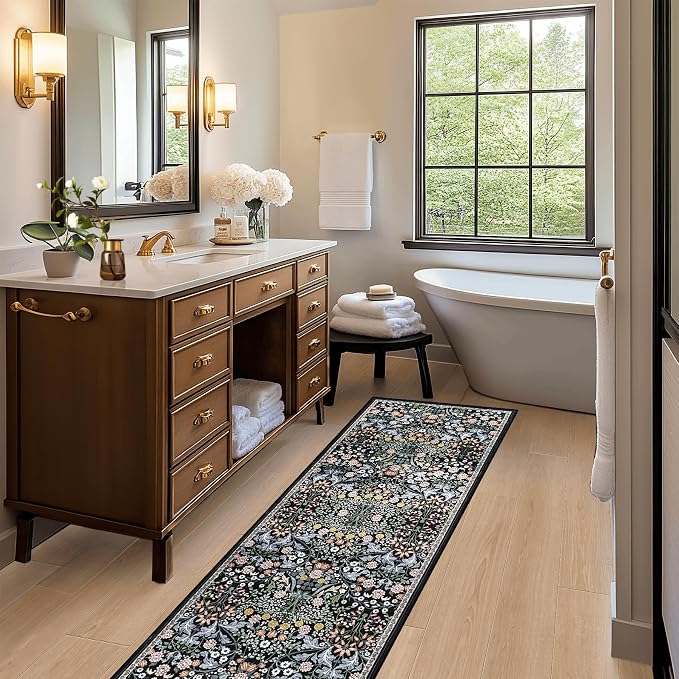 Runner Rug for Entryway: 2x6 Kitchen Rugs Non Slip Washable Ultra-Thin Soft Floral Carpet Indoor Stain Resistant Carpets for Hallway Bedroom Kitchen Laundry Bathroom Dorm Dark Black