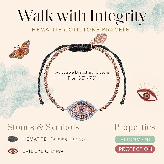 KARMA AND LUCK - Walk with Integrity - Women's Genuine Hematite Stones Gold Tone 5.5" to 7.5" Bracelet with Adjustable Drawstring Closure Handmade in Southeast Asia