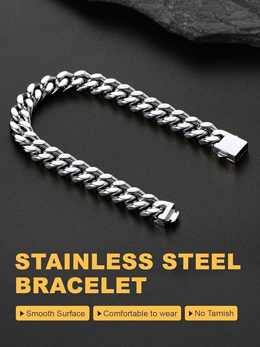 U7 Cuban Link Bracelets for Men Stainless Steel Wrist Bracelet Silver Black Gold Cuban Hand Chain Bracelet for Mens Women, 5/7/9/12mm Width, 7.5/8.3/9 Inch Length Classic Jewelry with Box Packed