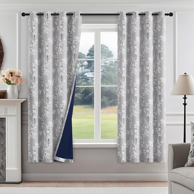 FMFUNCTEX 100% Blackout Grey Floral Curtains 54 Inch Long Grommet 2 Panels | Black Out Drapes, Thermal Insulated Cottage Farmhouse, Blossom Flower Patterned Curtain for Bedroom, Living Room Darkening
