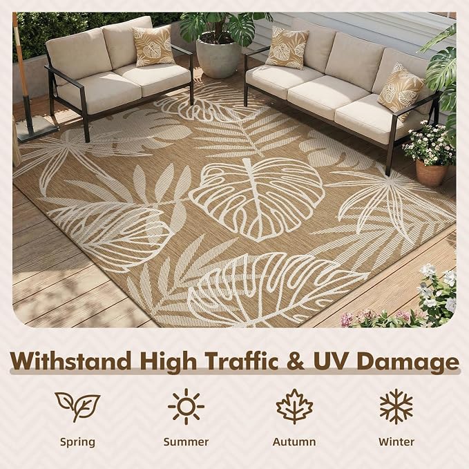 MontVoo-Outdoor Rug-Patio Rug 8x10 ft Polypropylene Indoor Outdoor Rugs Outdoor Carpet for Patio Deck Balcony Porch, Textured Weave, Durable for High Traffic, Fade-Resistant, Tropical Neutral Brown