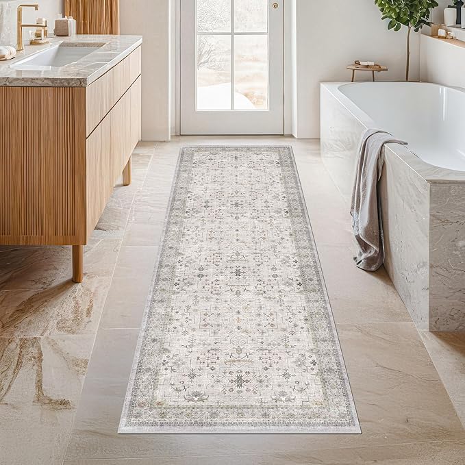 Hazo Haus Washable Light Gray & Sage 2'6"x8' Wide Runner Rugs for Kitchen, Boho Bathroom Rug, Non-Slip & Stain Resistant Long Floor Hallway Rug, Vintage Neutral Floral Décor