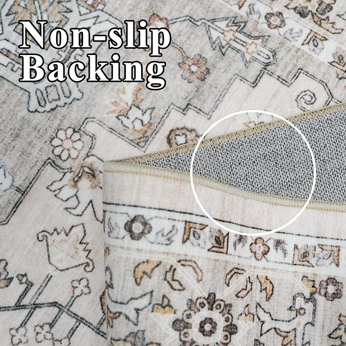RUUGME Vintage 6round Rug Washable - Large Boho Rugs for Living Room Stain Resistant Carpet Vintage Tribal Rugs for Bedroom Kitchen Bathroom with Non Slip Backing Floor Decoration Mat 6ft Ivory