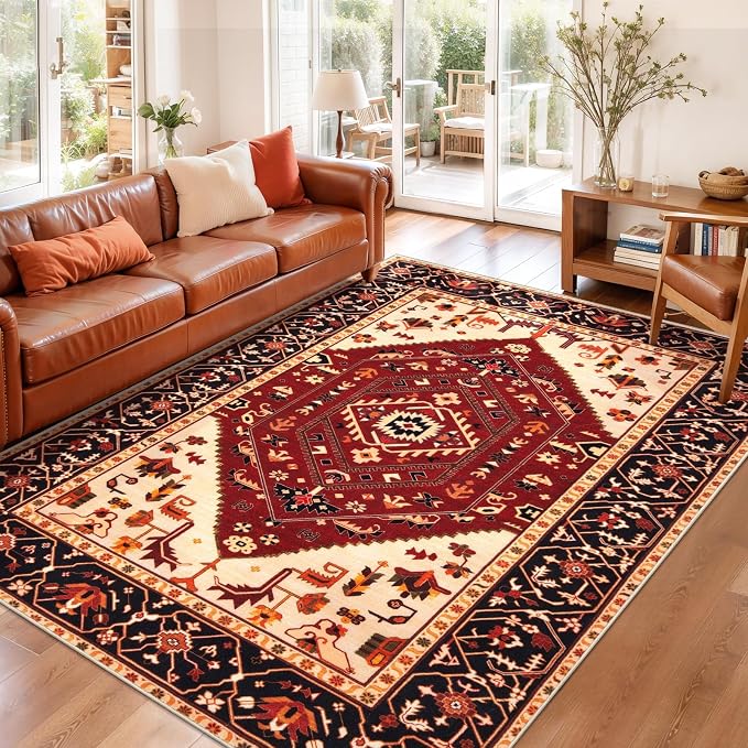 SERISSA Area Rug 3x5 Boho Rugs for Bedroom, Washable Non-Slip Living Room Rug, Ultra Soft Print Distressed Vintage Red Black Rug Low-Pile Throw Carpet for Entry Kitchen Bedroom Nursery Dorm Decor