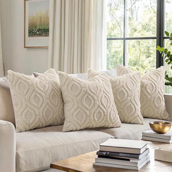 decorUhome Beige Faux Fur Soft Throw Pillow Covers 20x20 Set of 4 | Fall Neutral Decorative Plush Couch Pillow Covers, Accent Modern Farmhouse Neutral Pillow Cases for Sofa Bed Living Room