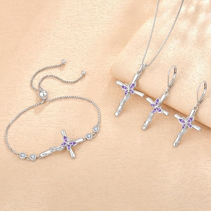 Cross Necklace for Women 925 Sterling Silver Butterfly Necklace Birthstone Pendant Created Gemstone Jewelry Gifts for Women