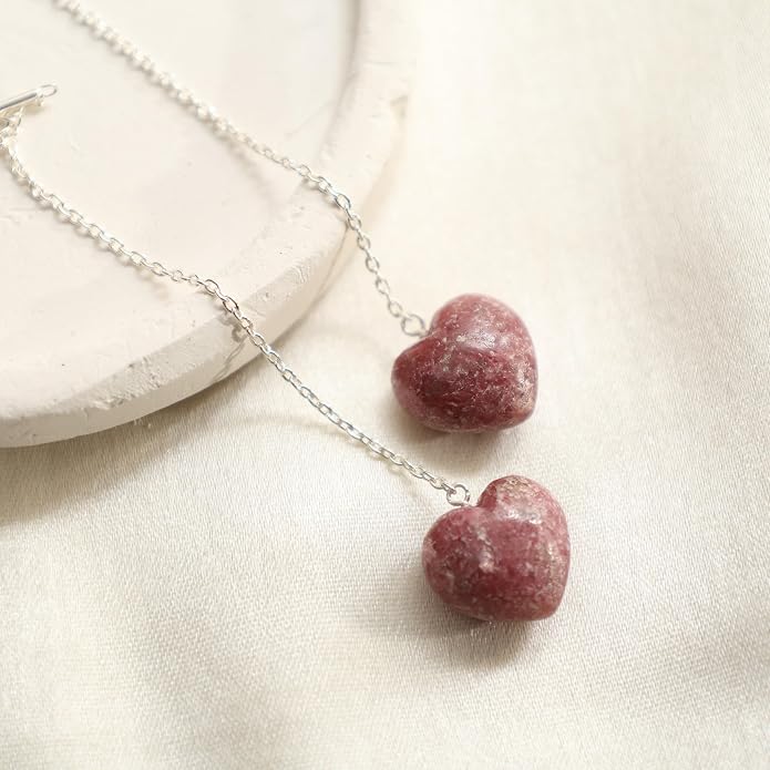 Gemstone Heart Shaped Threader Earrings in 925 Sterling Silver, Pull Through Adjustable, Versatile & Trendy, Perfect Valentine's Gift for Women, Choice of Gemstone Available