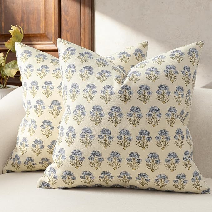Farmhouse Floral Pillow Covers 18x18 Set of 2, Country Botanical Throw Pillow Cover for Sofa Couch Bed Living Room, Rustic Vintage Flower Cushion Covers Cottage Home Decor,Blue Mustard