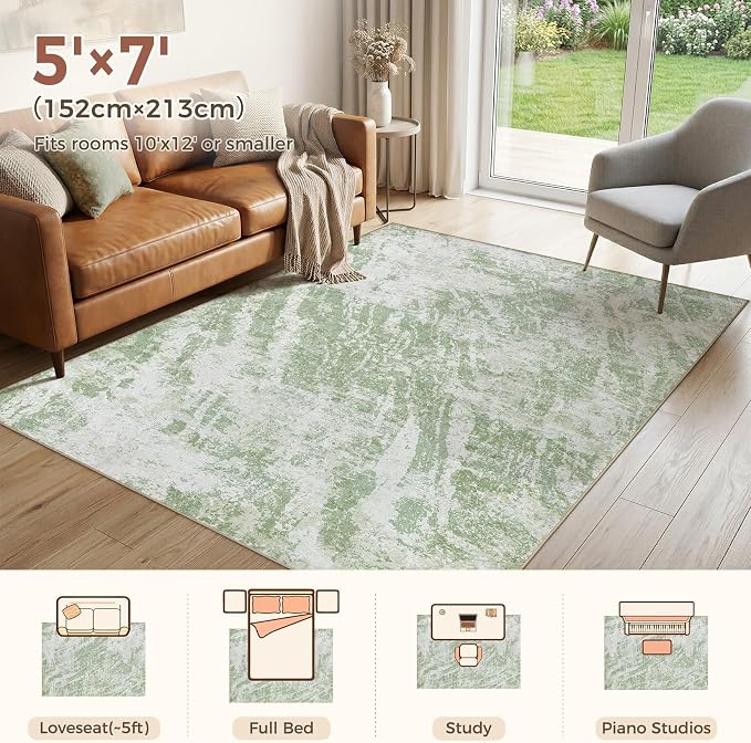 DMOYEST 5x7 Washable Area Rug: Abstract Modern Non-Slip Carpet, Soft Low Pile Indoor Neutral Easy Clean Floor Rugs for Living Room Bedroom Dining Room Kids & Pets - Green