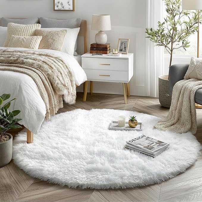 Amdrebio White Fluffy Round Rug 4Ft for Bedroom Aesthetic, Fuzzy Fur Circle Area Rugs for Living Room, Soft Plush Shaggy Shag Carpet for Nursery Dorm, Cute Kids Room Decor for Baby Toddler Teen Girls