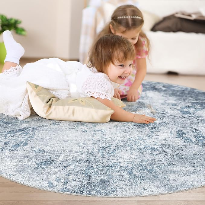 DMOYEST 5ft Round Area Rug for Living Room - 5x5 Washable & Non Slip Circle Rug, Kid & Pet Friendly Soft Low Pile Abstract Carpet for Bedroom and Dining Room - Blue