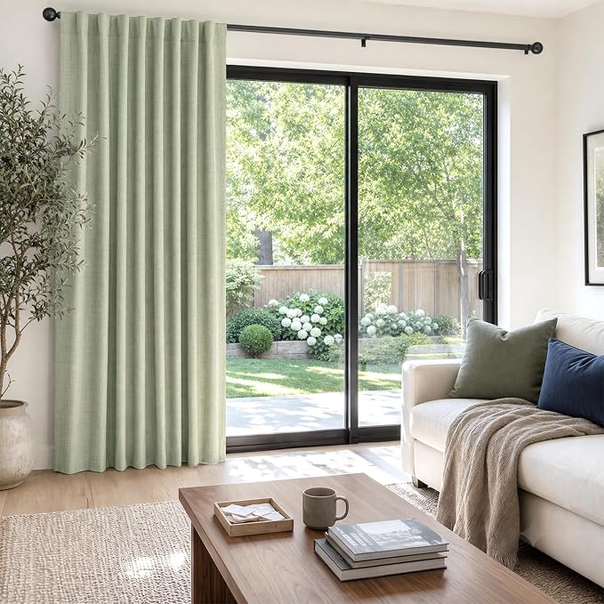 100% Blackout Shield Linen Blackout Sliding Door Curtains for Living Room, Back Tab/Rod Pocket Thermal Insulated Curtains for Sliding Glass Doors, 1 Panel Set, 100" W x 96" L, Sage