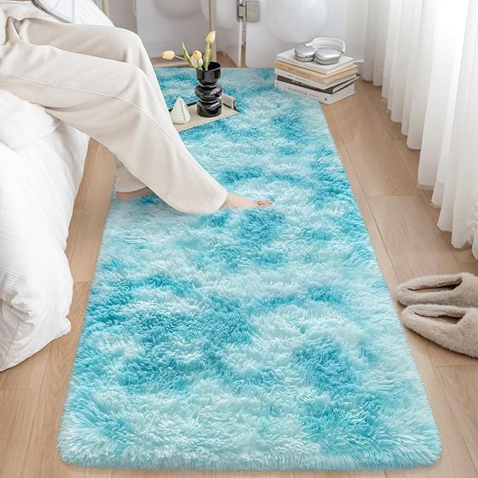 Light Blue Fluffy Rug for Bedroom Living Room, 3x10 ft Soft Sky Blue Bedroom Runner Rug for Bedside Kids Boys Room Hallway, Washable Fuzzy Kids Rugs Plush Shag Carpet for Nursery Dorm
