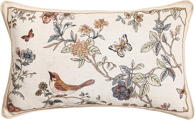 ISAENNE Designer Vintage Linen Throw Pillow Cover,20"x12"-Cornucopia A | Elegant French Rectangle Pillow Cover,Concealed Zipper,Floral and Bird Pattern,Sofas,Bedroom,Living Room,Lounge Chairs
