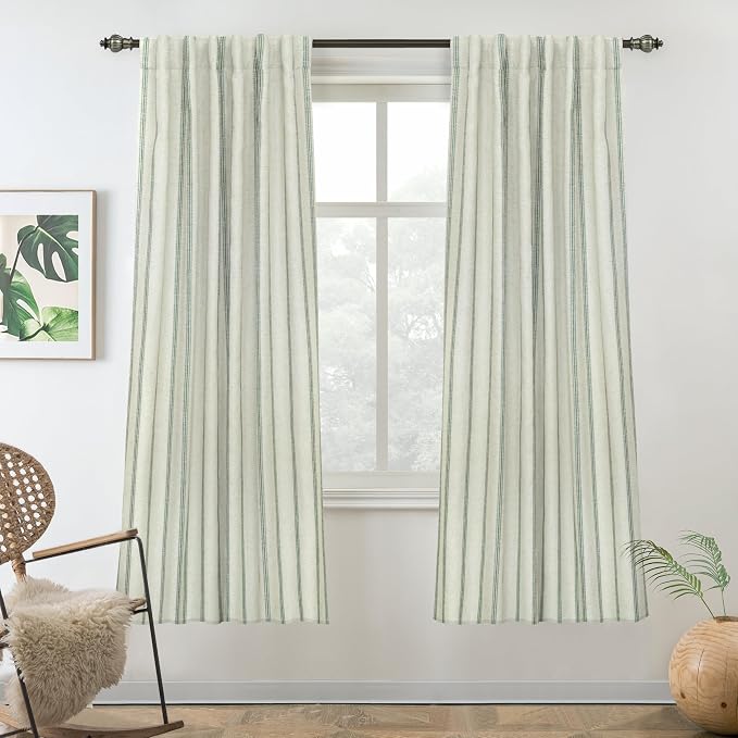 DriftAway Farmhouse Stripe Blackout Curtains, W52xL63, Loden Green | Blackout, Linen Texture, Stripe Pattern, Rod Pocket & Back Tab, Two Layers, Bedroom Living Room Use, Sound Reducing Design