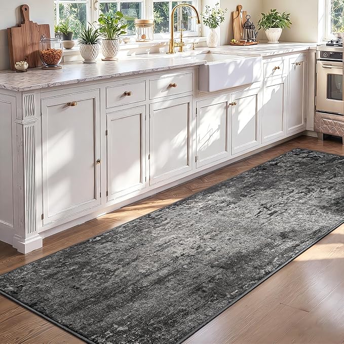 2x8 Black Rug Runners for Hallways Kitchen Runner Rug Non Slip Washable Black Long Runner Rugs with Rubber Backing Soft Abstract Carpet Runner for Bedroom, Kitchen, Bathroom, Entryway