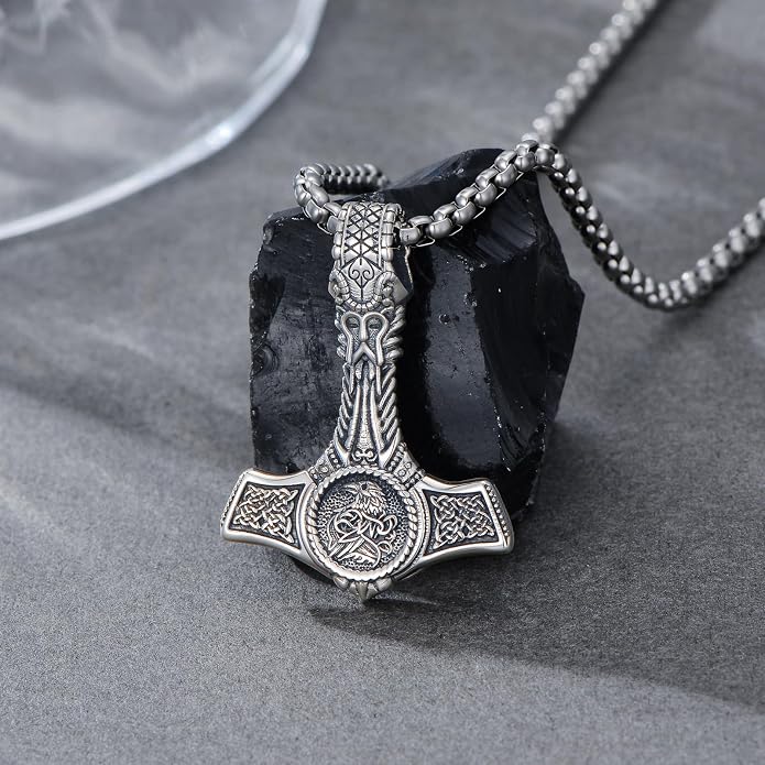 PROESS Thors Hammer Necklace Sterling Silver Celtic Knot Wolf/Lion/Raven Necklace Viking Mjolnir Pendant Jewelry for Men