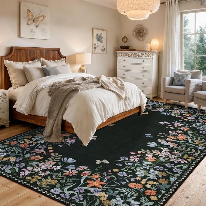 Wonnitar 5x7 Washable Area Rug, Black Floral Rug for Bedroom, Boho Flower Rug for Dining Room, Non Slip Low Pile Living Room Carpet, Botanical Farmhouse Indoor Decor (5x7 Black)