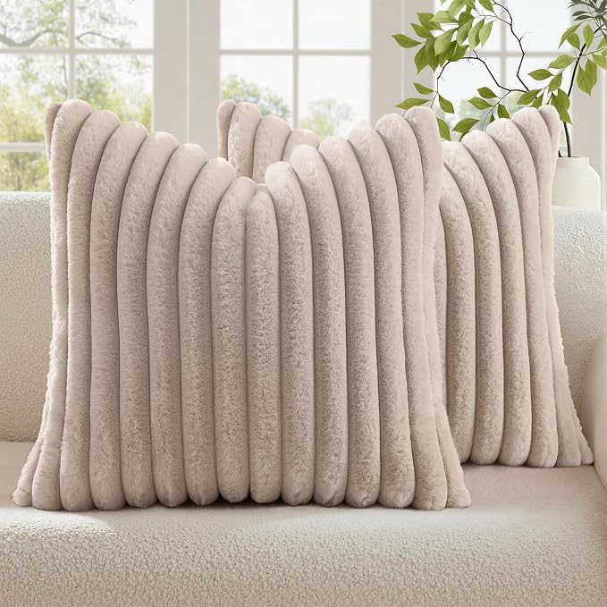 decorUhome Fall Faux Fur Throw Pillow Covers 16x16 Set of 2 Tan | Decorative Soft Cozy Striped Plush Modern Farmhouse Boho Couch Pillow Cases Velvet Back for Sofa Bed Living Room Home Decor