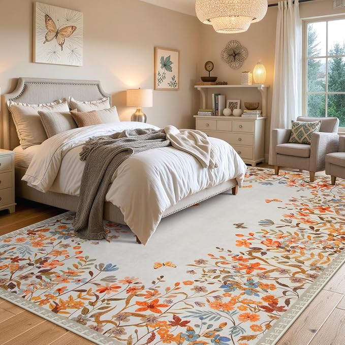Wonnitar 8x10 Washable Area Rug, Burnt Orange Floral Rug for Living Room, Boho Large Botanical Bedroom Carpet, Non Slip Nursery Rug, Farmhouse Dining Room Decor (8x10 Orange)