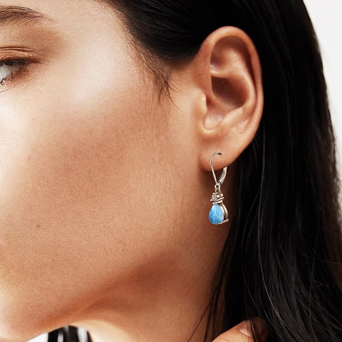 MDFUN 925 Sterling Silver Natural Larimar Earrings for Women Hypoallergenic Dangle Drop Blue Gemstone Leverback Jewelry