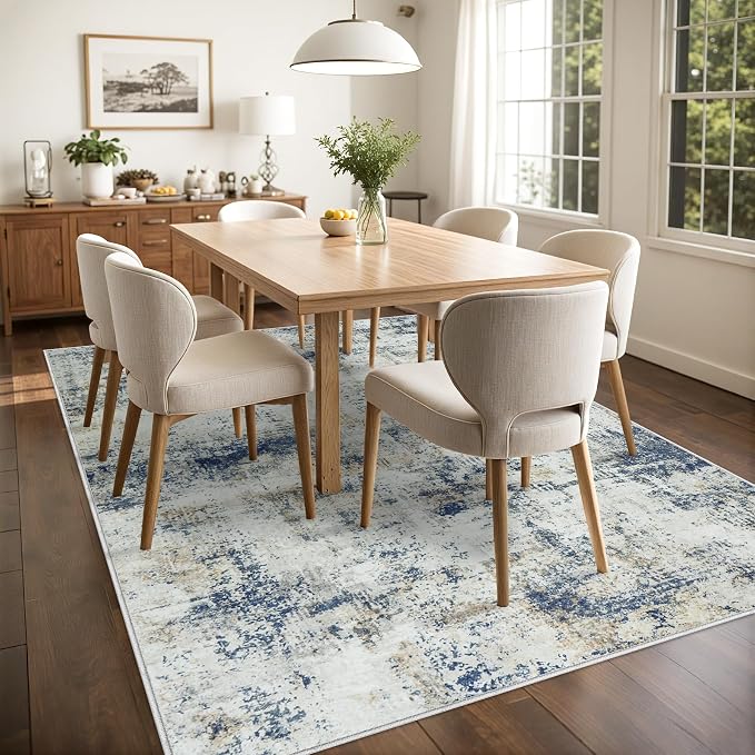 10x14 Area Rugs Living Room Rugs: Large Washable Rug with Anti-Slip Backing Non-Shedding Stain-Resistant Soft Abstract Carpet for Bedroom Dining Room Nursery Home Office Blue Brown