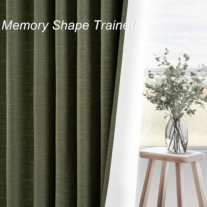 Topfinel 92 Inches Long Farmhouse Custom Black Out Drapery Panels,Rustic Country Faux Textured Opaque Pleated Window Coverings, Olive Green Boho Heat Blocking Tab Top Kids Curtains