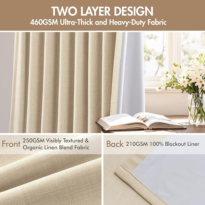 MIULEE Pinch Pleated 100% Blackout Curtains 40"x102" Long Sand 4 Panels Set | Thick Linen, Memory Trained Pleat, Back Tab Double Layer Drapes, Thermal Insulated, Curtain for Bedroom Living Room Darkening