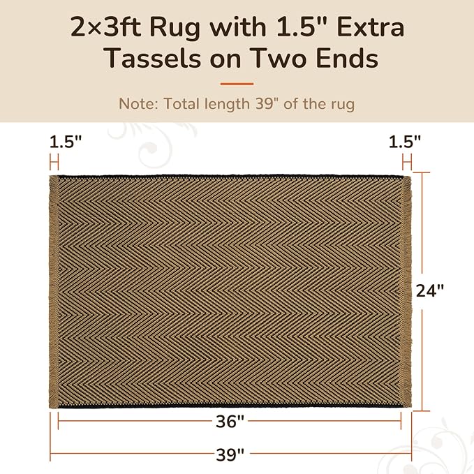 2x3 Washable Boho Area Rug with Tassels for Living Room Beige Black | Vacuum Friendly, Machine Washable, Non-Slip Entry Rug, Modern Farmhouse Neutral Decor Carpet, Entryway Kitchen Bathroom
