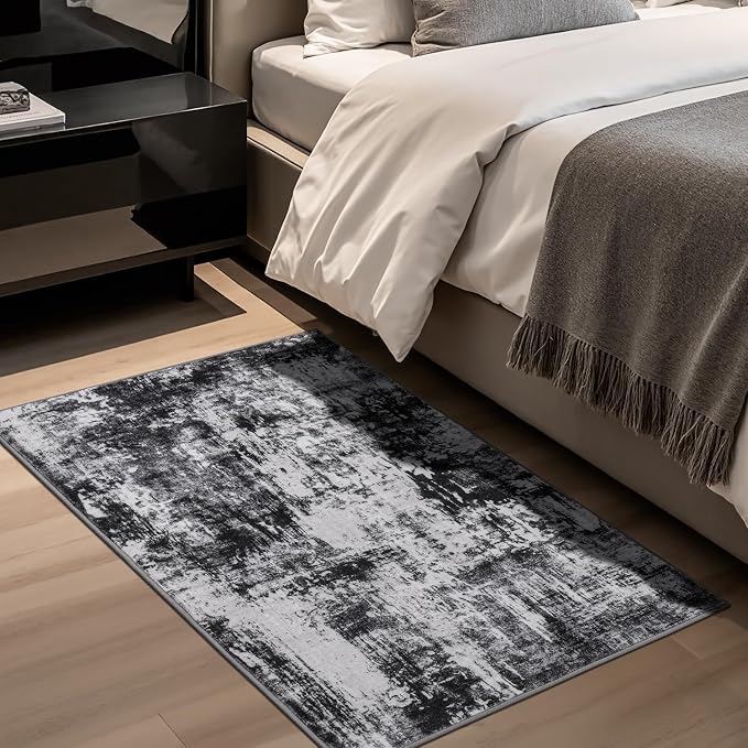 Rugflix 3x5 Entrance Rugs, Entry Rug Washable Non-Slip Stain-Resistant Low Pile, Small Modern Dark Carpet for Living Room Bedroom Indoor, Black Grey