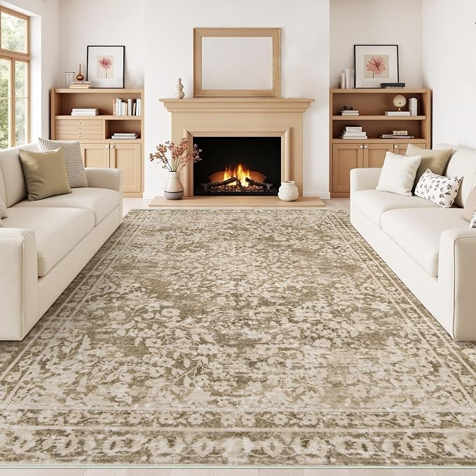Vintage Living Room Area Rug - 8x10 Large Machine Washable Boho Area Rug Distressed Floral Rugs for Bedroom, Soft Non-Slip Indoor Floor Accent Rugs for Office Dining Room (Floral Brown, 8'x10')