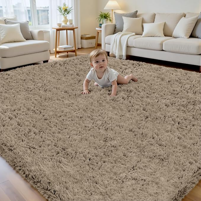 6x9 Area Rug for Living Room, Ultra Soft Fluffy Shag Rugs for Bedroom, Non-Slip Large Fuzzy Plush Rug Indoor Floor Carpet for Nursery Kids Office Dorm Modern Decor, Gray Camel