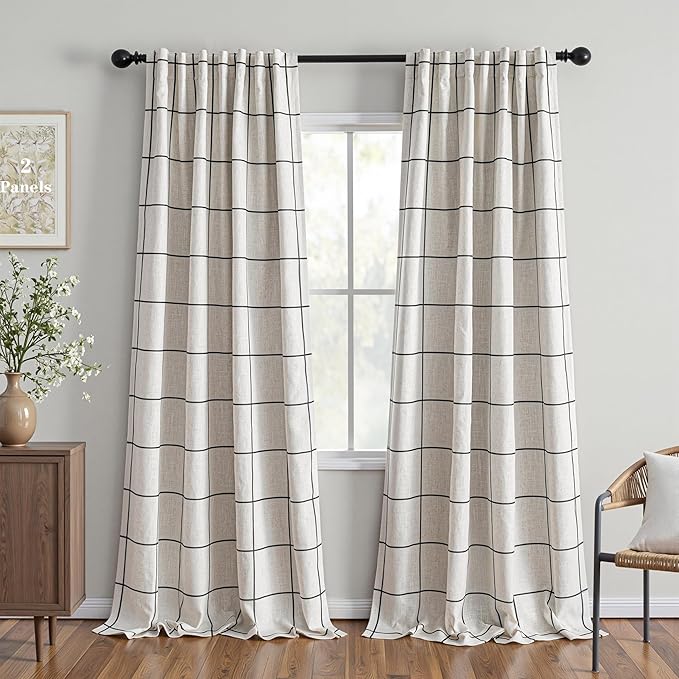MYSKY HOME 100% Blackout Plaid Farmhouse Linen Curtains 108 Inch Long for Living Room Double Layer Windowpane Drapes Thermal Insulated Privacy Protection Rod Pocket Back Tab, 2 Panels, 52" W, Black