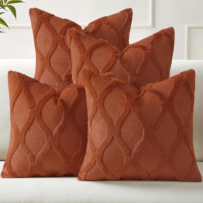 decorUhome Set of 4 Faux Fur Rust Throw Pillow Covers 20x20 | Neutral Decorative Soft Plush Couch Pillow Covers, Farmhouse Pillow Cases for Living Room Bed Sofa