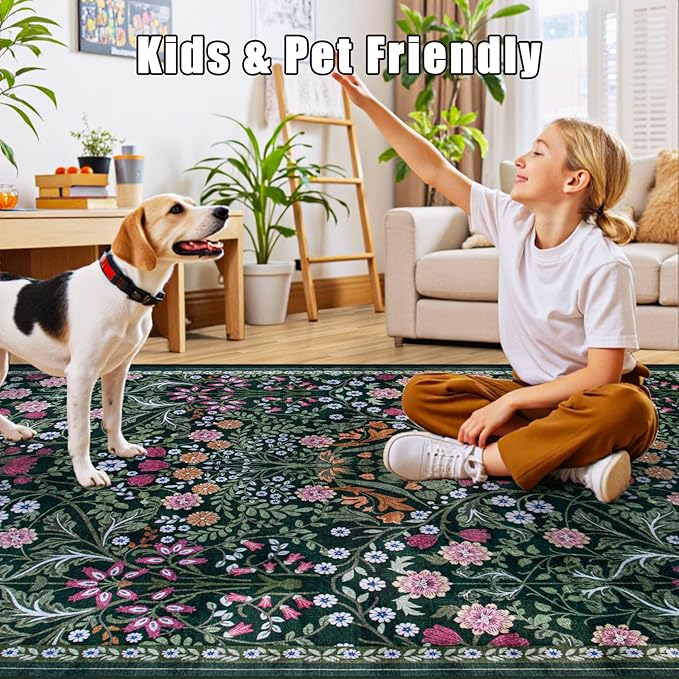 Runner Rug for Entryway: 2.6x14 Kitchen Rugs Non Slip Washable Ultra-Thin Soft Floral Carpet Indoor Floor Stain Resistant Carpets for Hallway Bedroom Kitchen Laundry Bathroom Dorm Dark Green