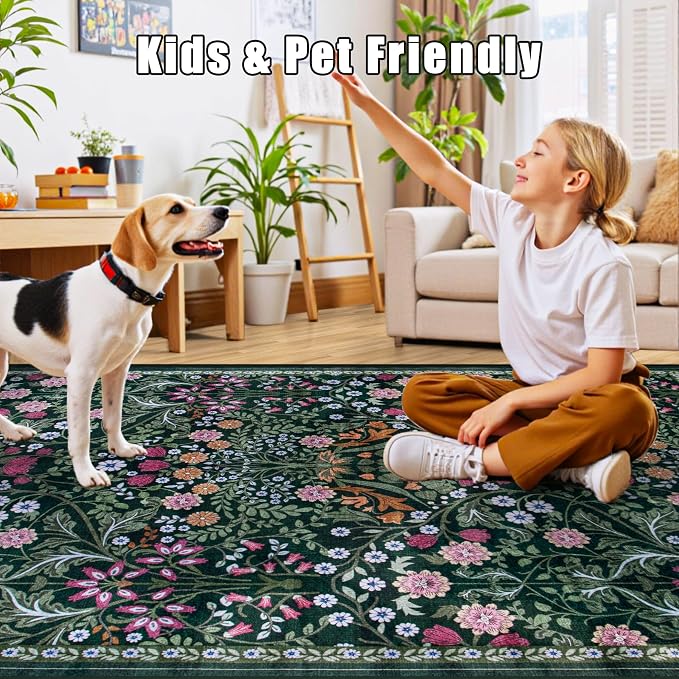 Runner Rug for Entryway: 3x10 Kitchen Rugs Non Slip Washable Ultra-Thin Soft Floral Carpet Indoor Floor Stain Resistant Carpets for Hallway Bedroom Kitchen Laundry Bathroom Dorm Dark Green