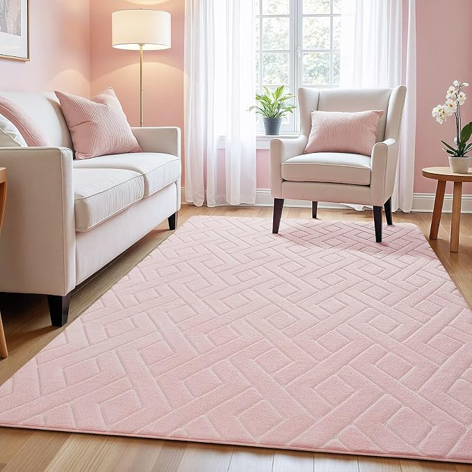 Macgace Ultra Soft Pink Area Rug for Girls Bedroom, 3x5 Modern Geometric Shag Rugs with Nonslip Backing for Living Room, Washable Fuzzy Carpet for Cozy Kids Room