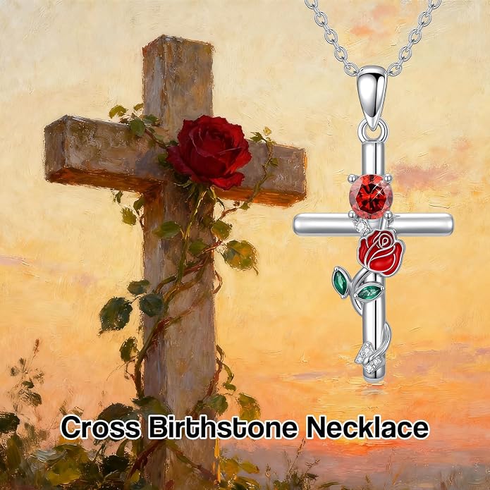 Birthstone Cross Necklace 925 Sterling Silver Rose with Butterfly Birthstone Cross Pendant Necklace Jewelry Gifts for Women Birthday Christmas